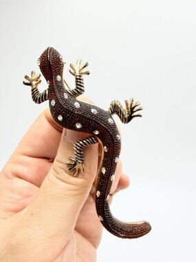 Vintage Style Rhinestone Lizard Brooch – Brown & Gold Tone Pin